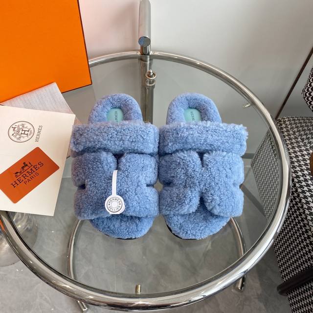 Hermes 爱马仕h家chypre系列 情侣泰迪二舅拖鞋 顶级品质 鞋面：原版进口羔羊毛 皮毛一体 原版开模大底 男女同款：35-45